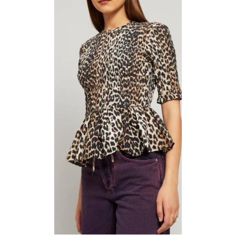 Ganni Smocked Animal Print Leopard Peplum Top 34/ XS or 2 - Picture 11 of 15